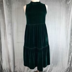 J Crew Velvet Tiered Midi Dress Green Ruffle Neck sz 12 Glam Party Romantic 90s